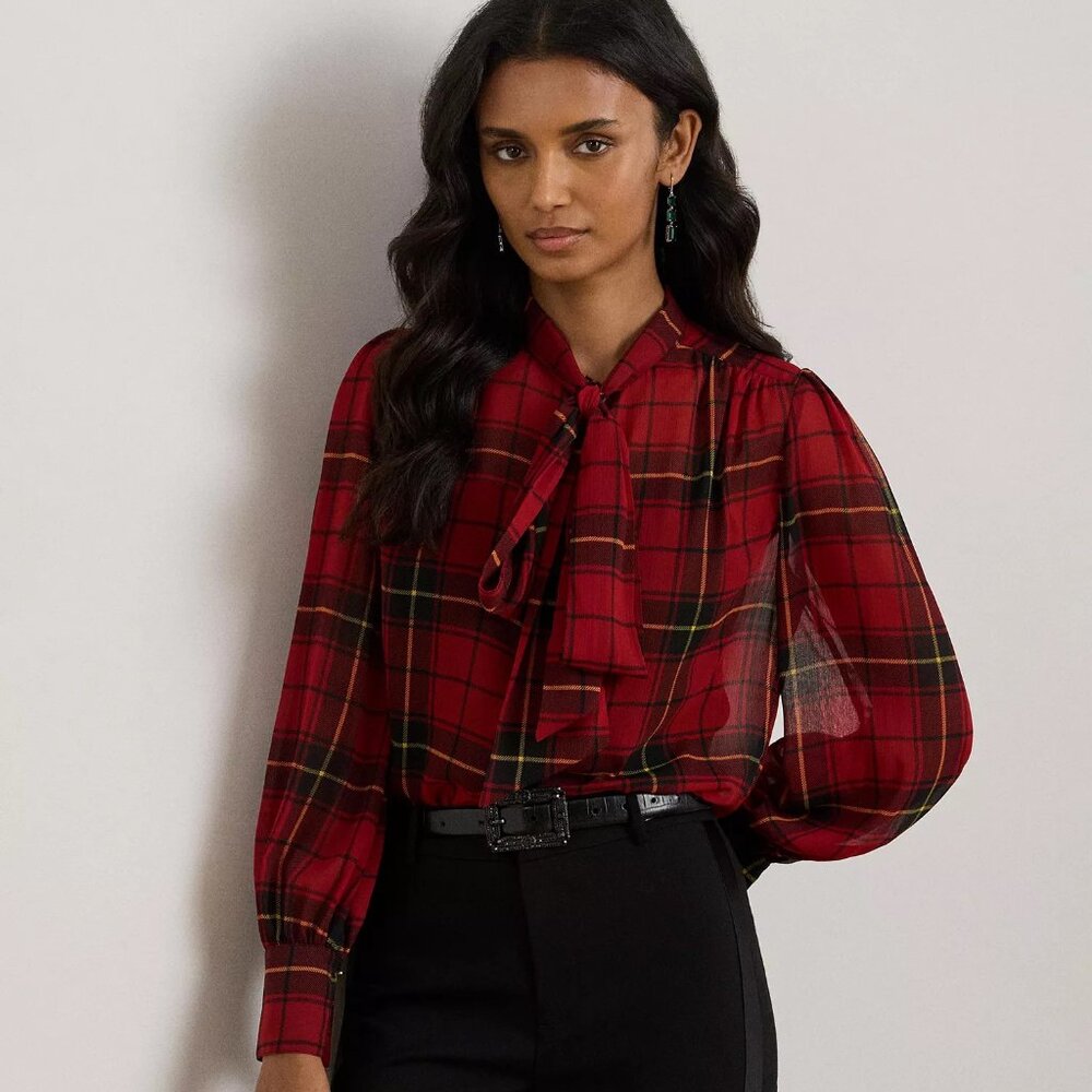 Lauren Ralph Lauren Women's Plaid Tie-Neck Blouse
